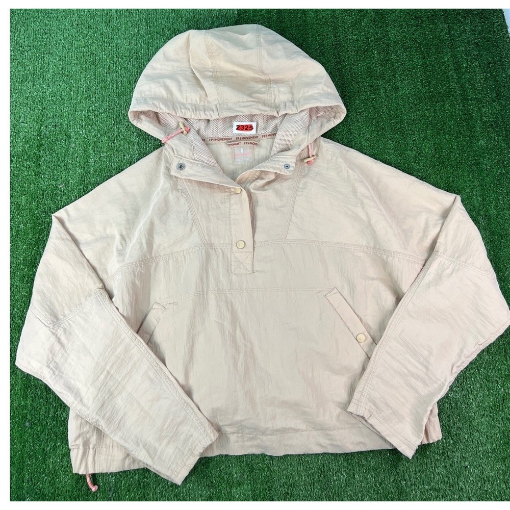 FP Movement Free People Beige Hooded Windbreaker Croped Jacket LG Baggy